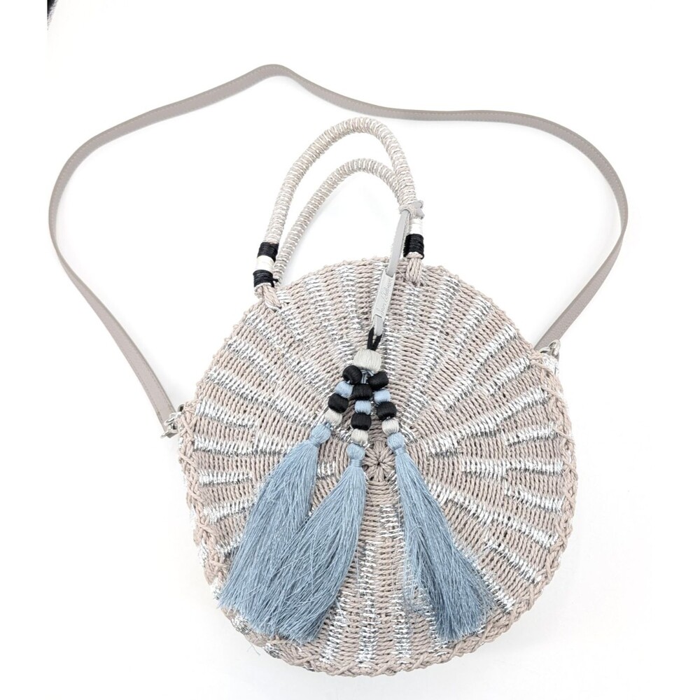 Sam Edelman Gray Silver Metallic Round Rafia Crossbody Shoulder Bag Tassel Beach